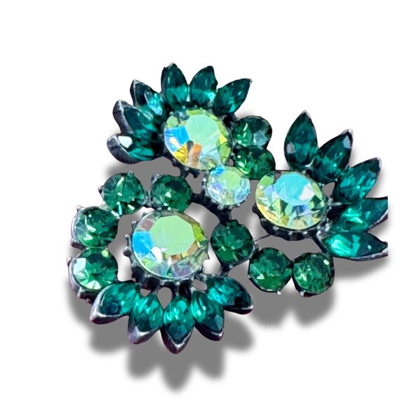 Vintage Green Brooch | UK Aurora Borealis Rhinestone. Crystal Statement Pin - Picture 11 of 12